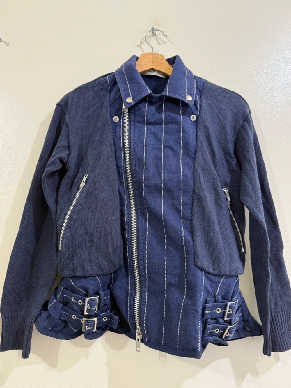 sacai luck Navy Blue Asymmetric Zip Bomber Jacket with Buckle Hem